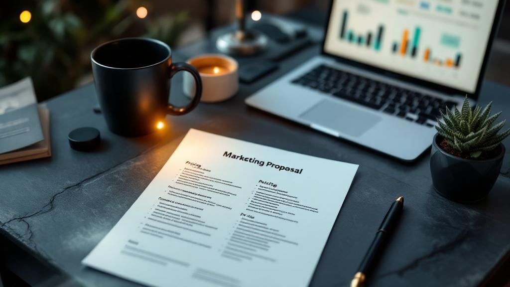 Marketing proposal document on dark desk with laptop analytics dashboard and coffee