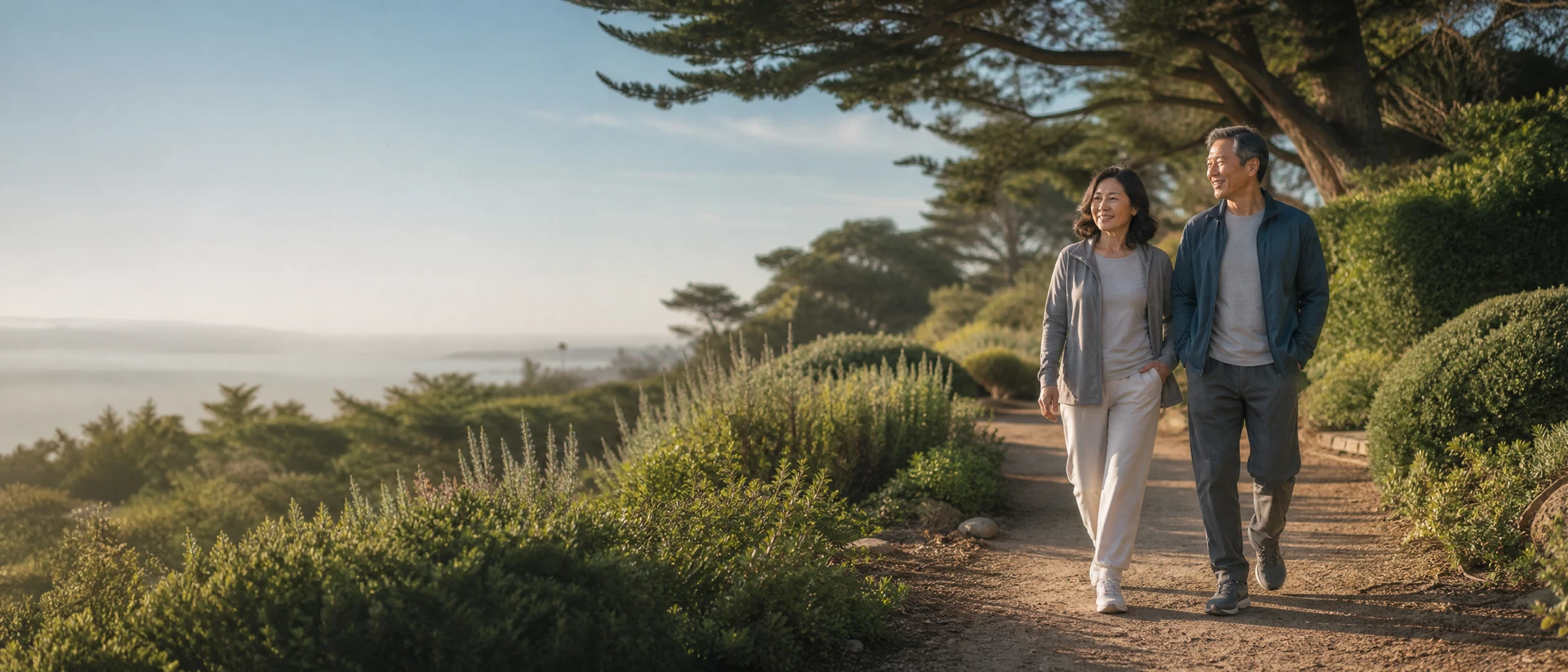 A couple walking together in a sunlit California garden, representing healthy longevity and an active life