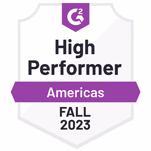 G2 badge reading High Performer Americas Fall 2023 in black and purple text on a white shield-shaped background.