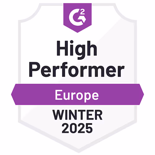 G2 High Performer badge for Europe Winter 2025 with purple and white colors.