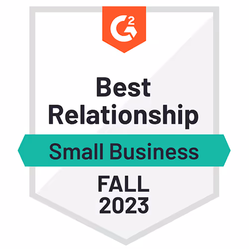 G2 badge for Best Relationship in Small Business for Fall 2023.