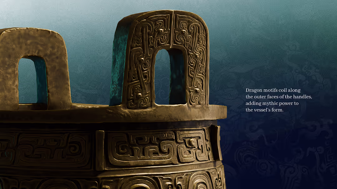 Web design presenting the Da Ke Ding and the figure of Shanfu, alongside the piece-mould casting technique that defined bronze production.