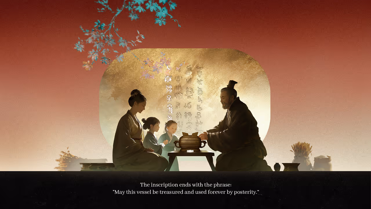 Narrative interface exploring bronze vessels as carriers of personal identity and family lineage in ancient Chinese culture.