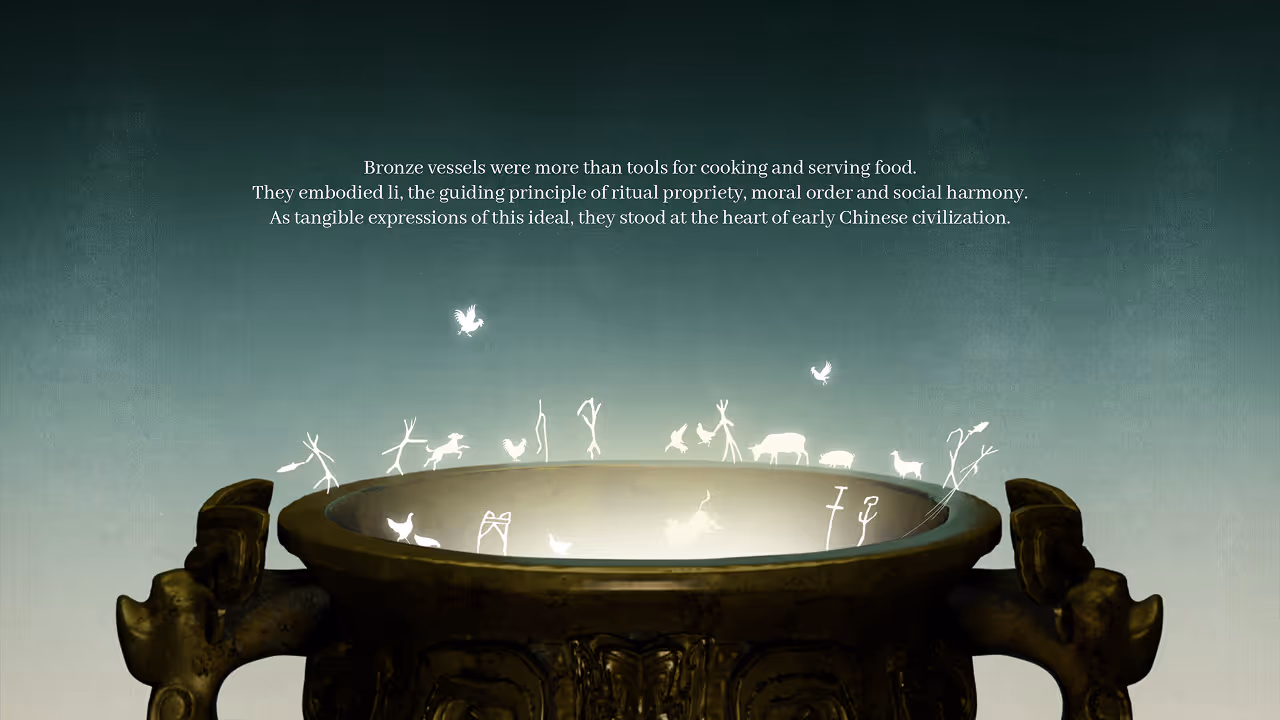 Web interface design exploring the transition from oracle bone inscriptions to early bronze inscriptions, highlighting the evolution of writing and ritual recording.