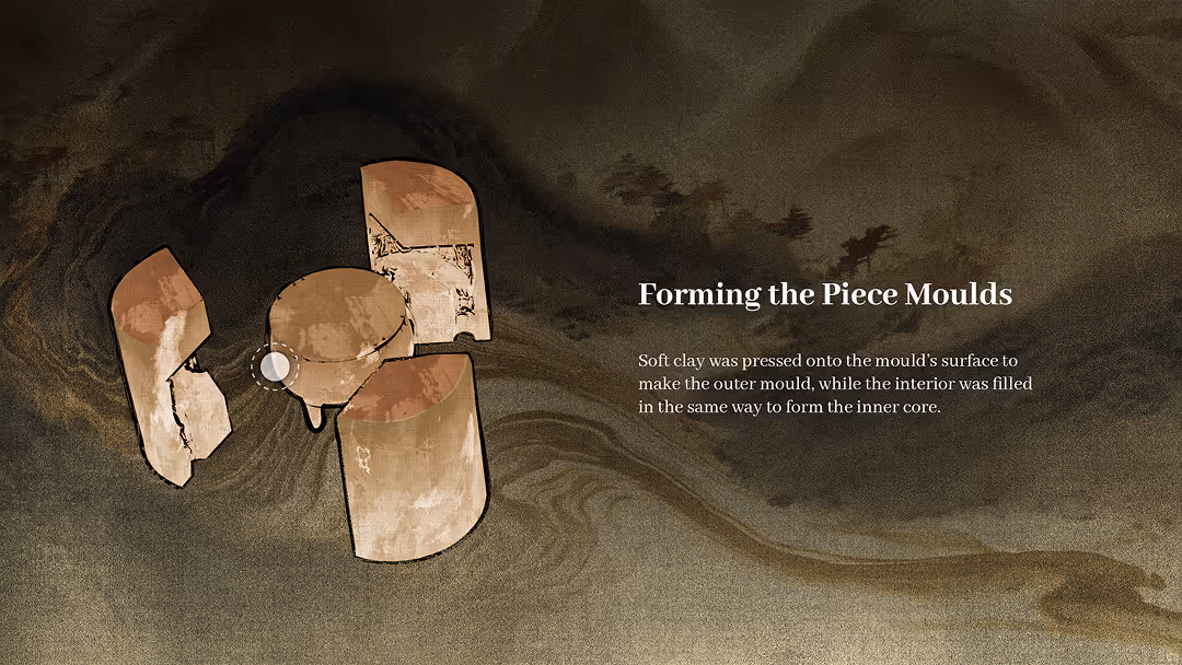 Web design presenting the Da Ke Ding and the figure of Shanfu, alongside the piece-mould casting technique that defined bronze production.