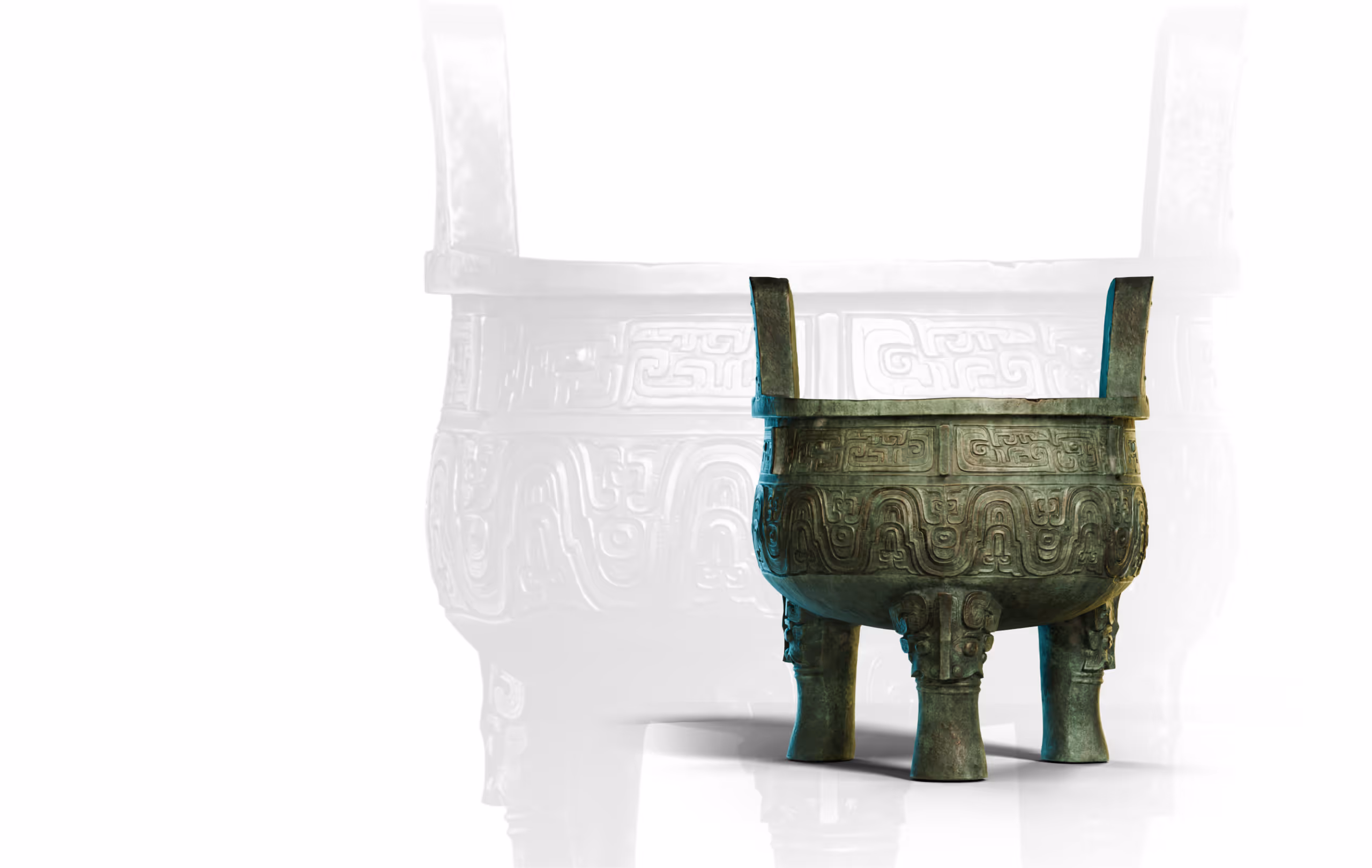 Web design presenting the Da Ke Ding and the figure of Shanfu, alongside the piece-mould casting technique that defined bronze production.