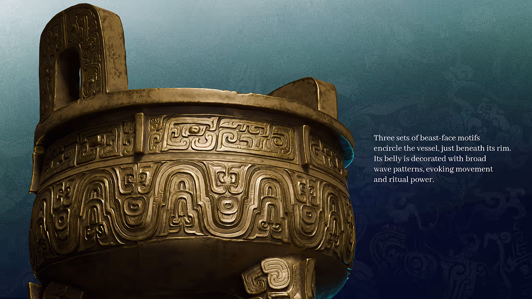 Web design presenting the Da Ke Ding and the figure of Shanfu, alongside the piece-mould casting technique that defined bronze production.