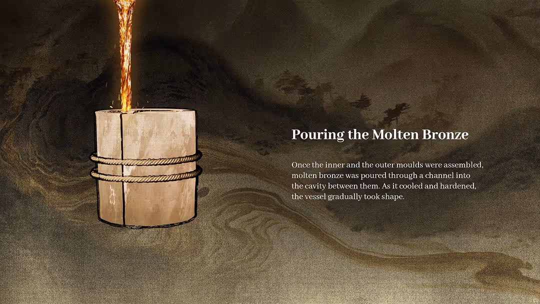 Web design presenting the Da Ke Ding and the figure of Shanfu, alongside the piece-mould casting technique that defined bronze production.