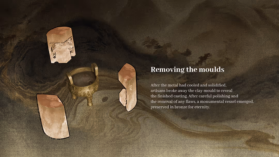 Web design presenting the Da Ke Ding and the figure of Shanfu, alongside the piece-mould casting technique that defined bronze production.