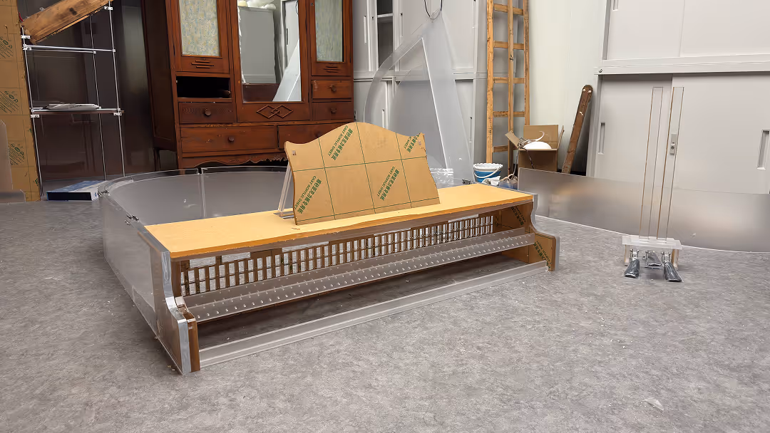 Process documentation of the fabrication and assembly of the Plant Pianist installation, capturing construction stages and material implementation.