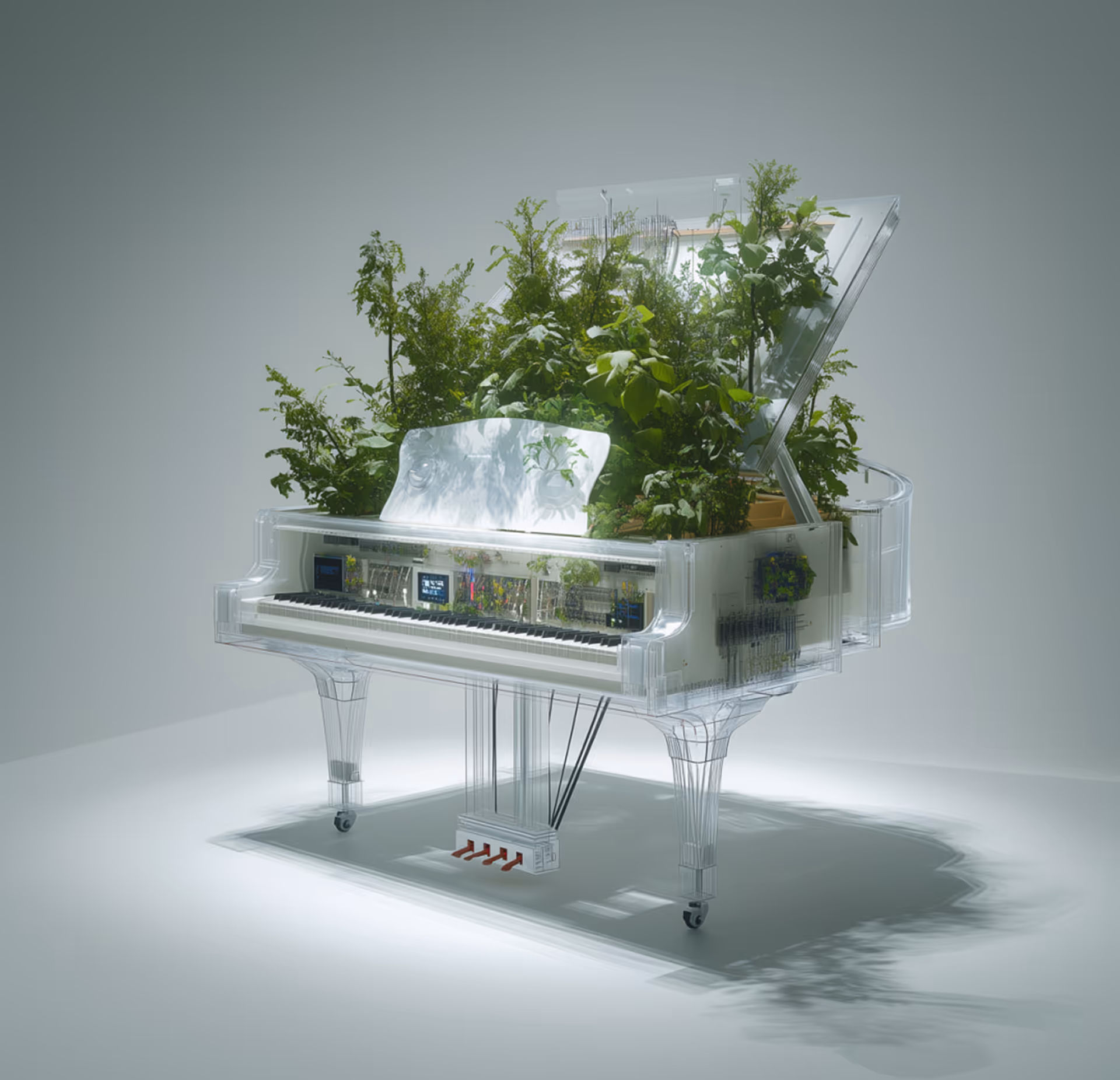 AI-generated concept sketch of the Plant Pianist interactive installation, exploring early visual ideas and form development.