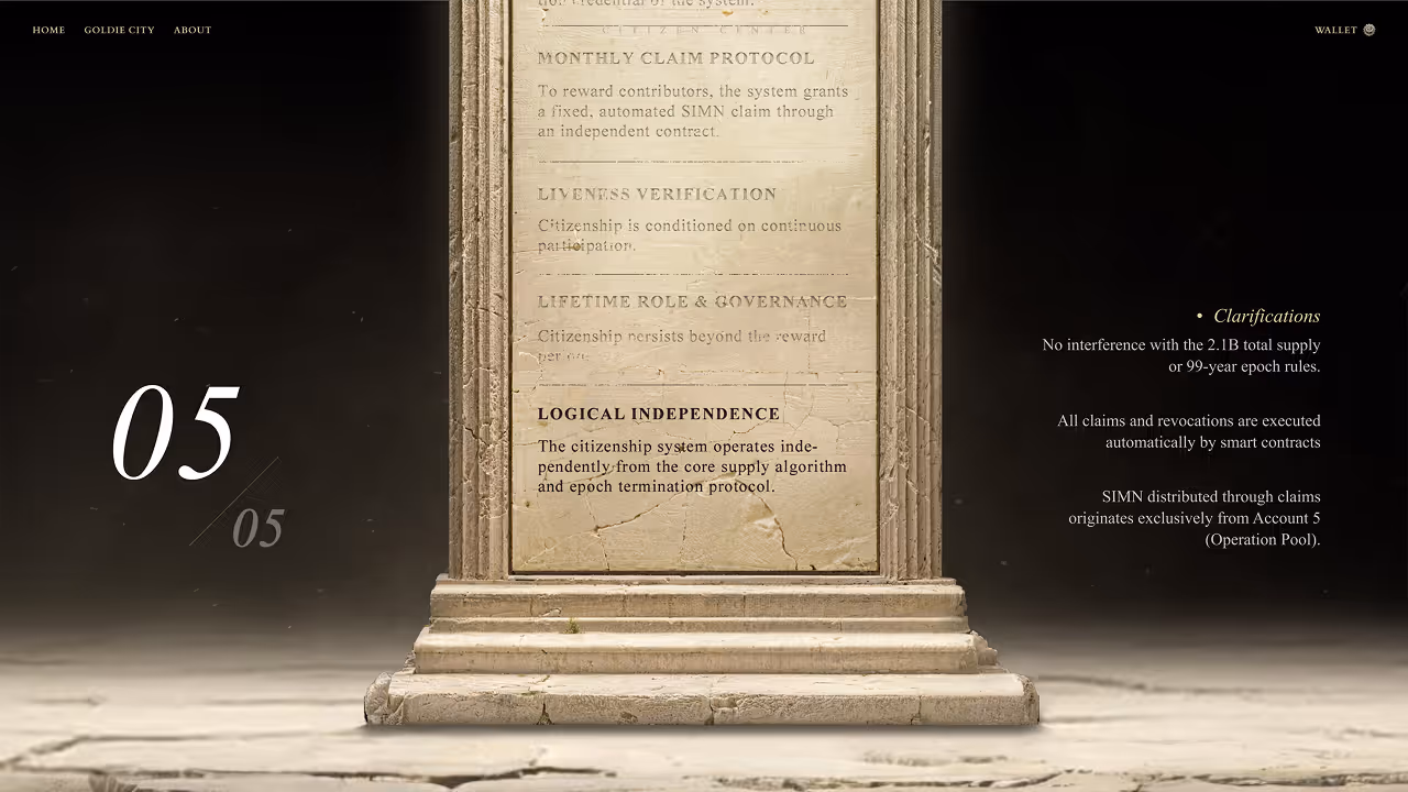 This page takes the form of a civic hall, presenting the citizenship system and enabling the core action of monthly SIMN claiming. Users interact with a central silver pool to claim their monthly allocation, turning abstract rules into tangible actions. As they scroll, a monumental stone tablet reveals the citizenship rules line by line, accompanied by contextual explanations. The experience concludes with an entry point to “Become a Citizen,” guiding users from understanding to participation.