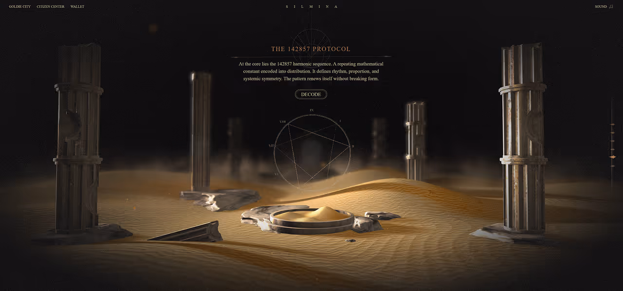The homepage uses 3D web technology to construct an explorable digital ruin. Users navigate the space through scroll-driven camera movement, gradually uncovering the system’s structure and rules. Key concepts—including time logic, the nature of SilMina, GolGera’s role, and the “142857 Protocol”—are embedded along this journey. The experience resembles an archaeological exploration, where knowledge is discovered rather than presented.