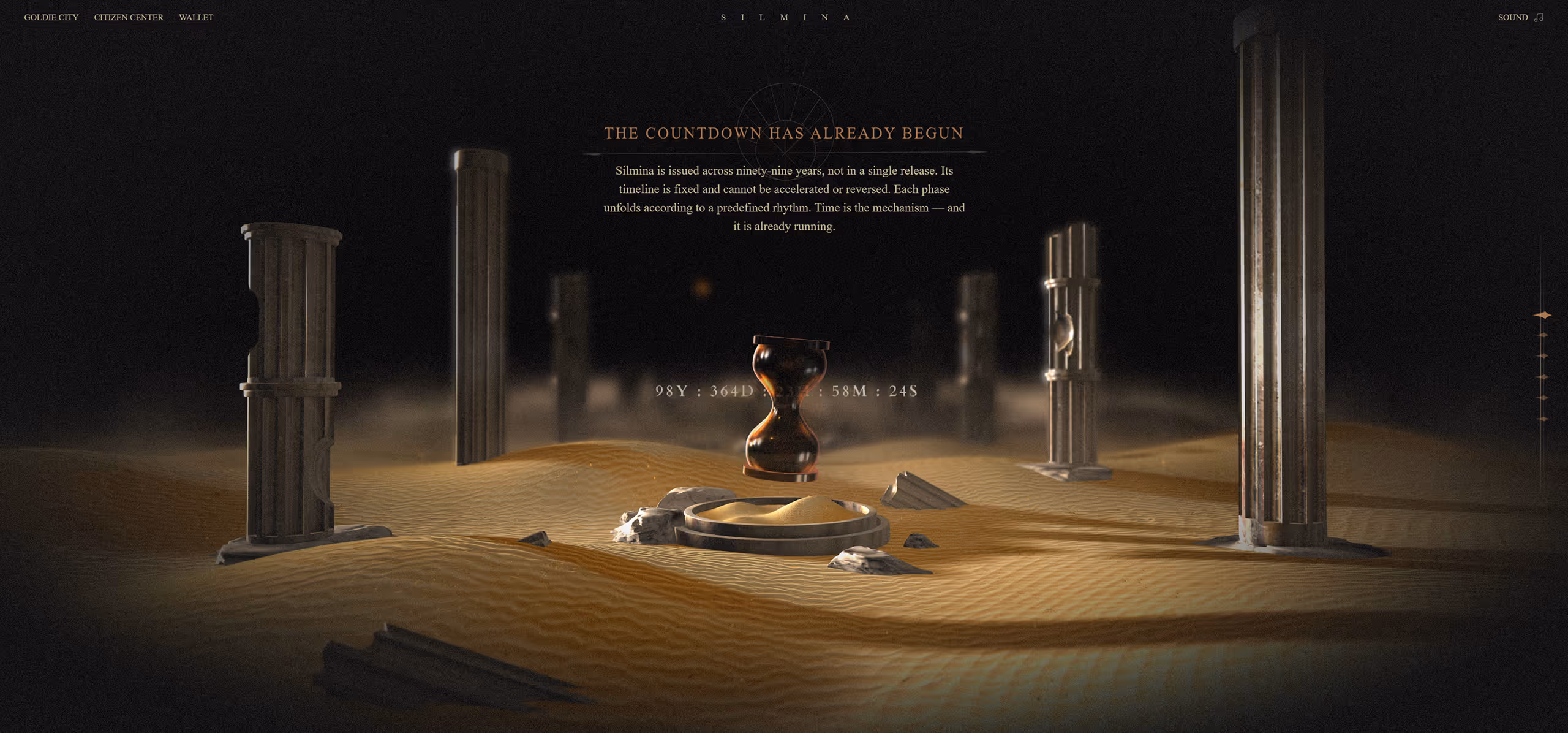 The homepage uses 3D web technology to construct an explorable digital ruin. Users navigate the space through scroll-driven camera movement, gradually uncovering the system’s structure and rules. Key concepts—including time logic, the nature of SilMina, GolGera’s role, and the “142857 Protocol”—are embedded along this journey. The experience resembles an archaeological exploration, where knowledge is discovered rather than presented.