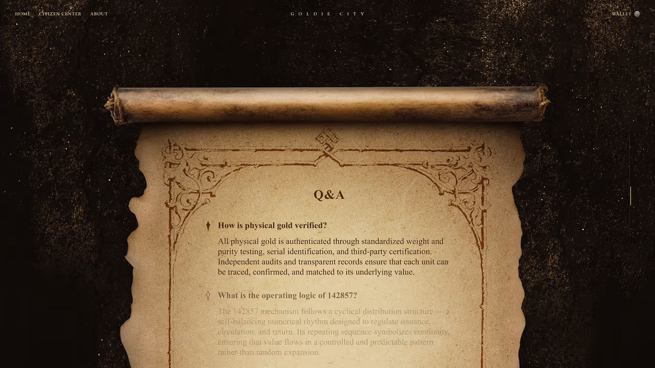 Entering through a hidden passage from the homepage, users arrive in a mysterious landscape. As the camera moves across a barren desert, a golden city—powered by silver extraction and mechanical systems—gradually emerges. The scene culminates in a fully constructed hero view introducing Goldie City. Scrolling further, users descend underground, where information is revealed as if excavated: real-time gold and silver prices, SilMina’s market chart, and Q&A content presented on ancient parchment.