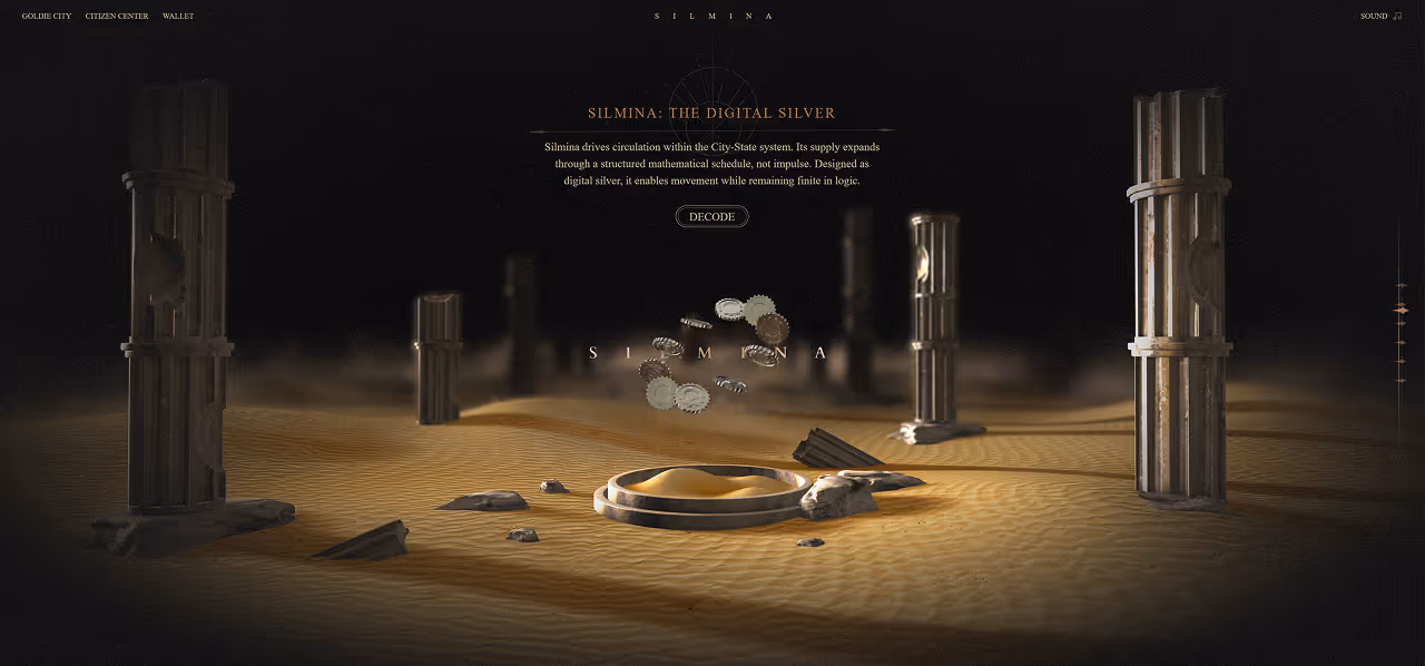 The homepage uses 3D web technology to construct an explorable digital ruin. Users navigate the space through scroll-driven camera movement, gradually uncovering the system’s structure and rules. Key concepts—including time logic, the nature of SilMina, GolGera’s role, and the “142857 Protocol”—are embedded along this journey. The experience resembles an archaeological exploration, where knowledge is discovered rather than presented.