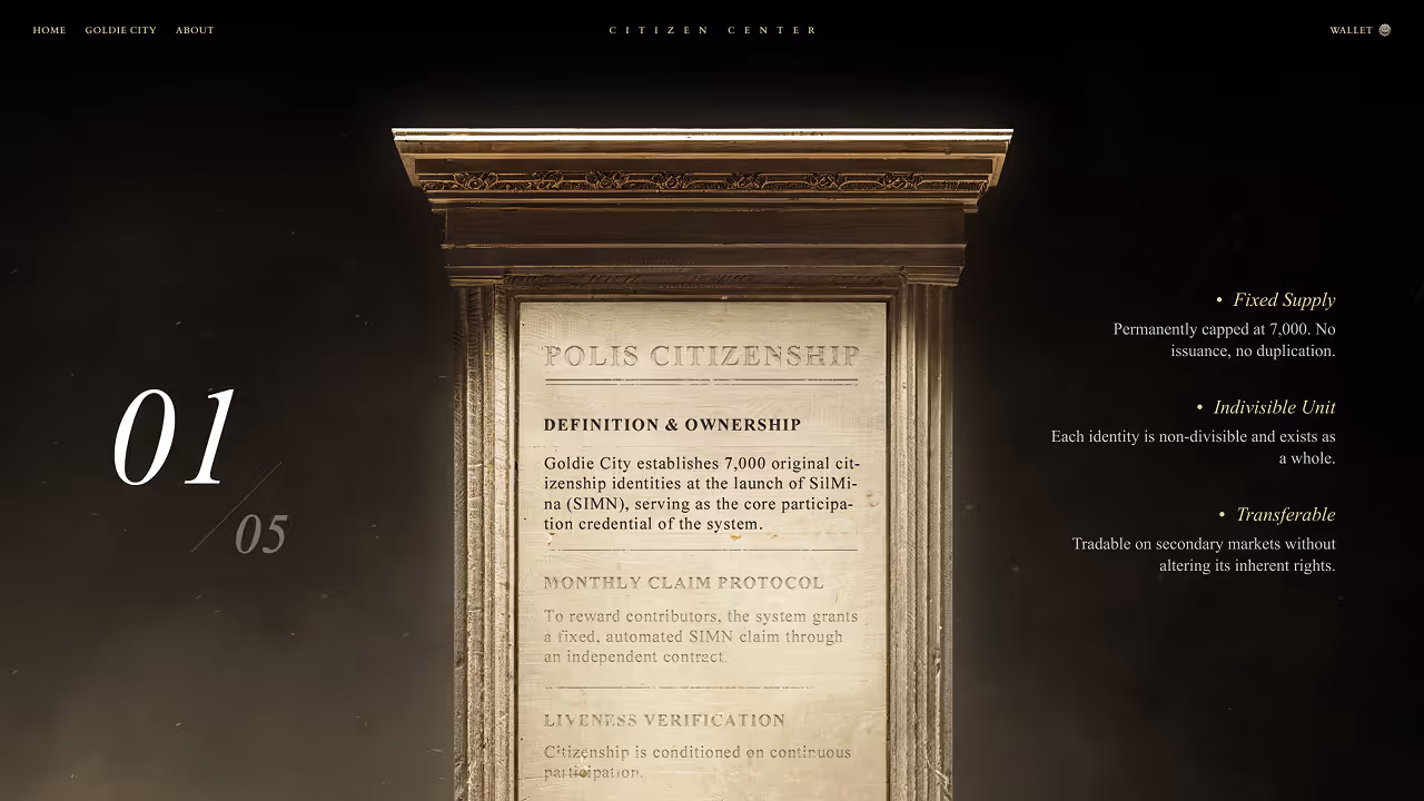 This page takes the form of a civic hall, presenting the citizenship system and enabling the core action of monthly SIMN claiming. Users interact with a central silver pool to claim their monthly allocation, turning abstract rules into tangible actions. As they scroll, a monumental stone tablet reveals the citizenship rules line by line, accompanied by contextual explanations. The experience concludes with an entry point to “Become a Citizen,” guiding users from understanding to participation.