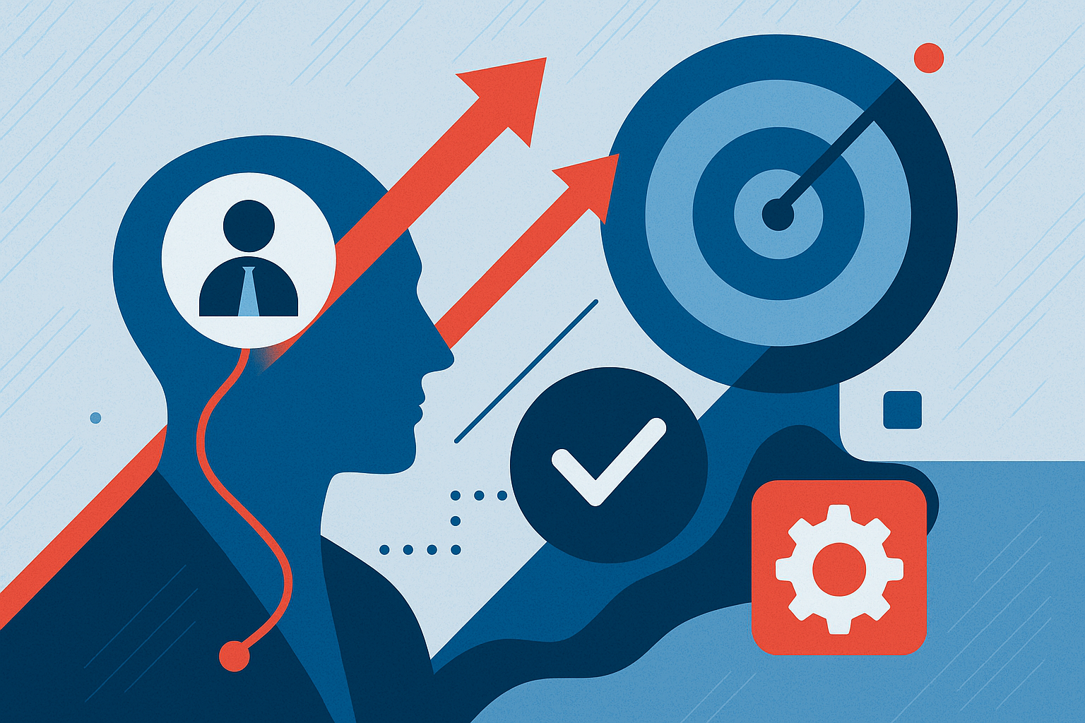 Abstract illustration showing a silhouette of a human head with business and strategy icons: a person avatar inside the head, upward red arrows, a checkmark, a gear, and a target with an arrow — symbolizing decision-making, goal setting, performance tracki