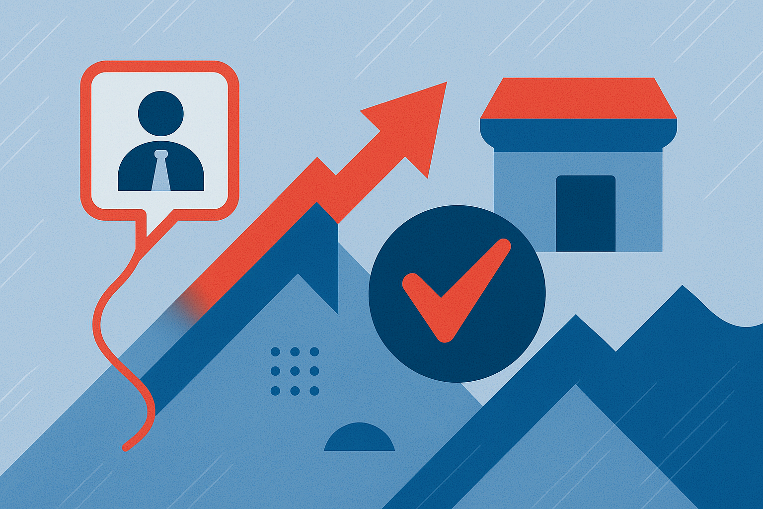 Abstract business illustration featuring a rising red arrow over mountain peaks, a business icon (storefront), a checkmark, and a speech bubble with a person in a tie — representing expert guidance, growth, validation, and market presence.