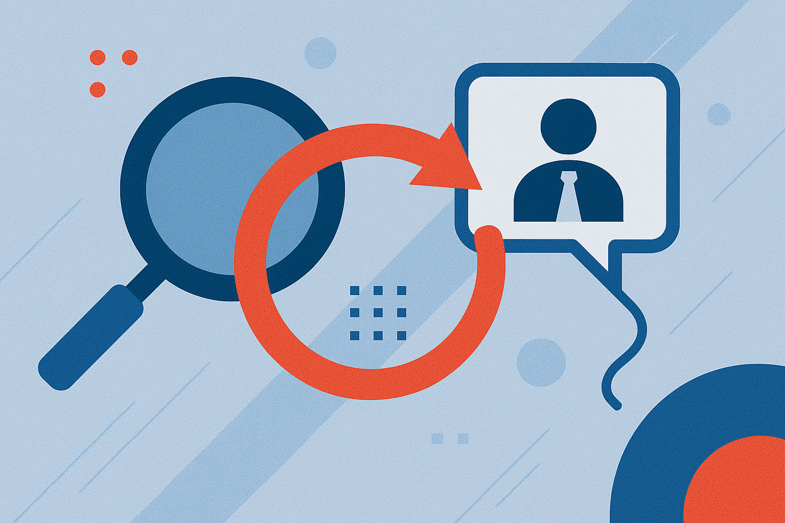 Abstract illustration showing a magnifying glass, a circular red arrow, and a speech bubble with a person icon — representing expert discovery, continuous research, and iterative feedback in decision-making or research workflows.