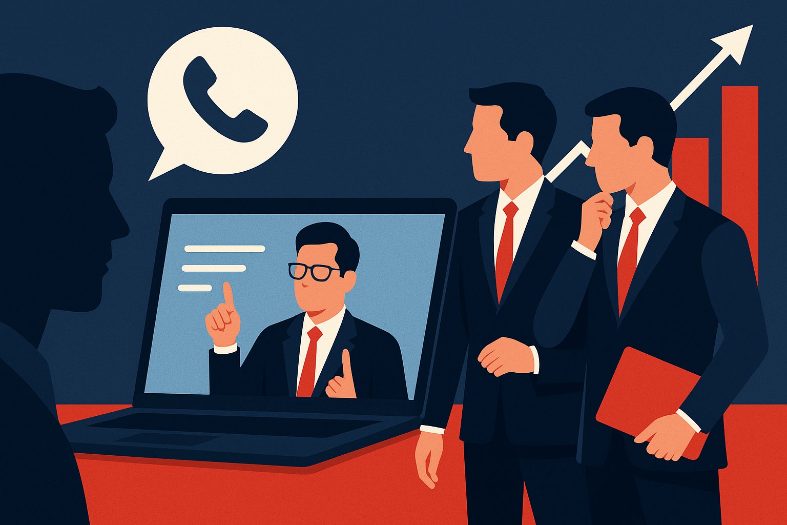 Illustration of business professionals watching an expert speak on a laptop during a virtual call. A phone icon, bar chart, and upward arrow in the background suggest strategic consulting, expert insights, and business growth.