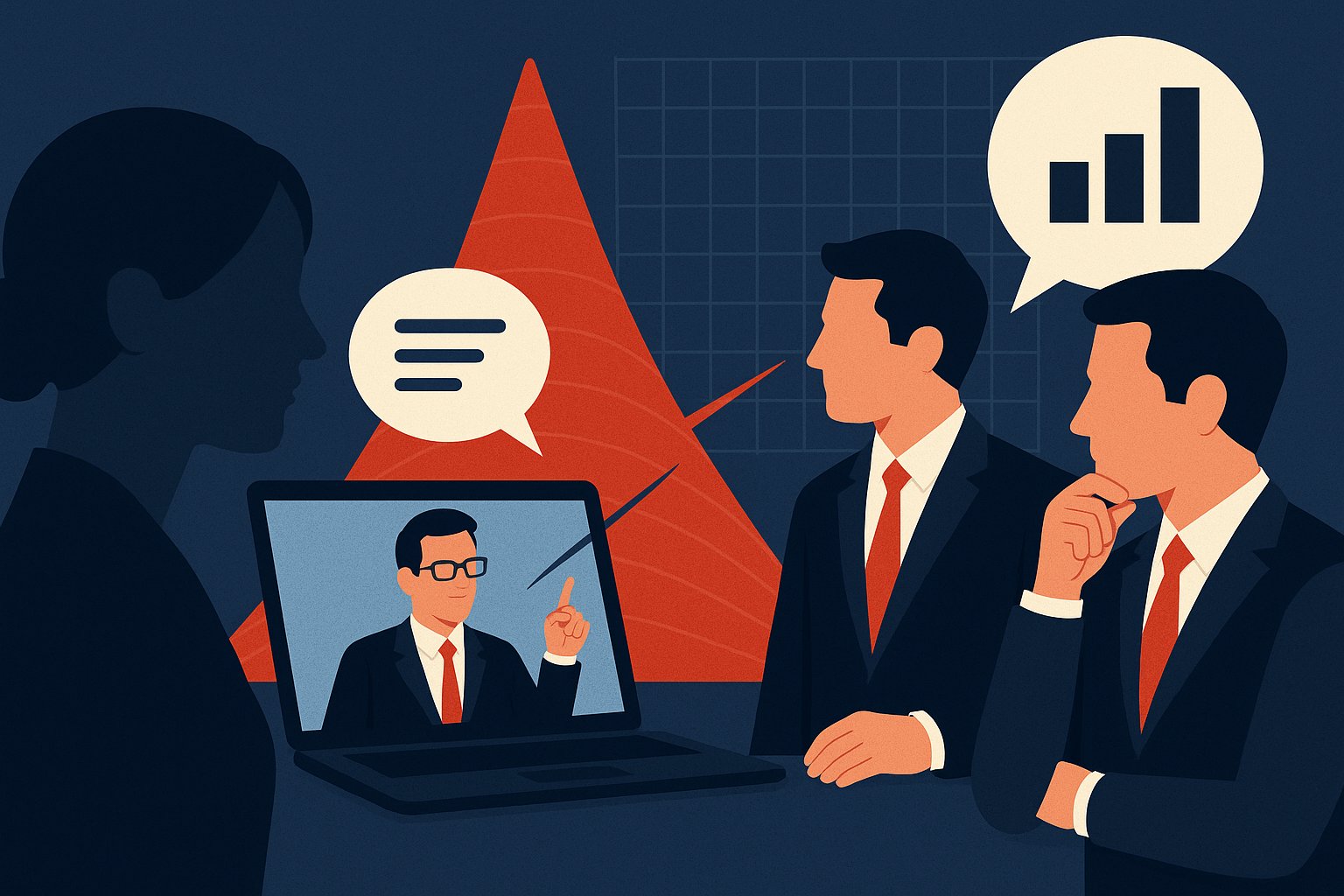 Illustration of professionals in a virtual expert call. A speaker appears on a laptop, engaging with a group discussing charts and growth. Speech bubbles show text and bar graphs, highlighting data-driven discussion and the role of moderation in insights.