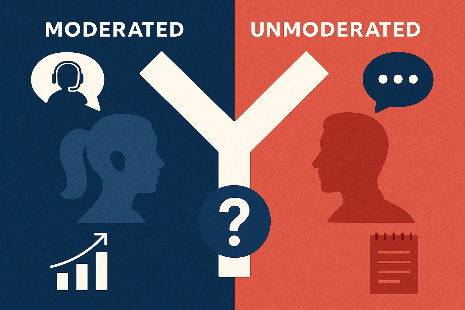 Split-screen illustration comparing moderated vs. unmoderated calls. The left (blue) shows guided, data-driven insights with a headset icon and growth chart. The right (red) shows unstructured dialogue with a notepad and speech bubble. A decision fork and 