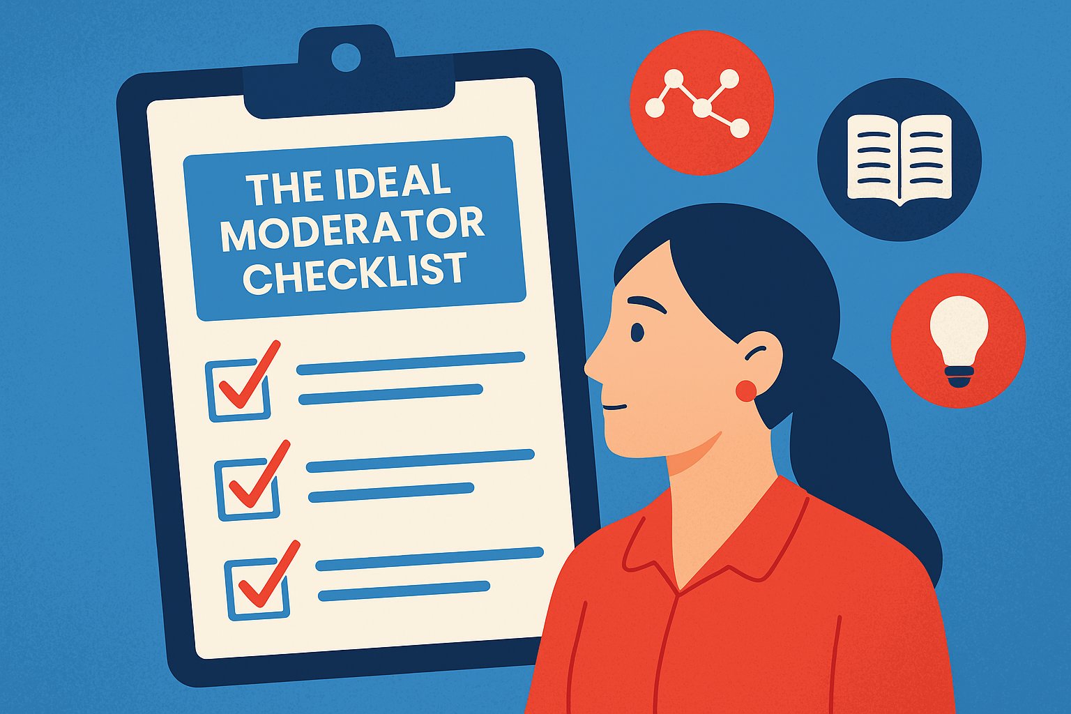 Illustration of a woman beside a checklist titled “The Ideal Moderator Checklist,” with icons for ideas, knowledge, and connections.