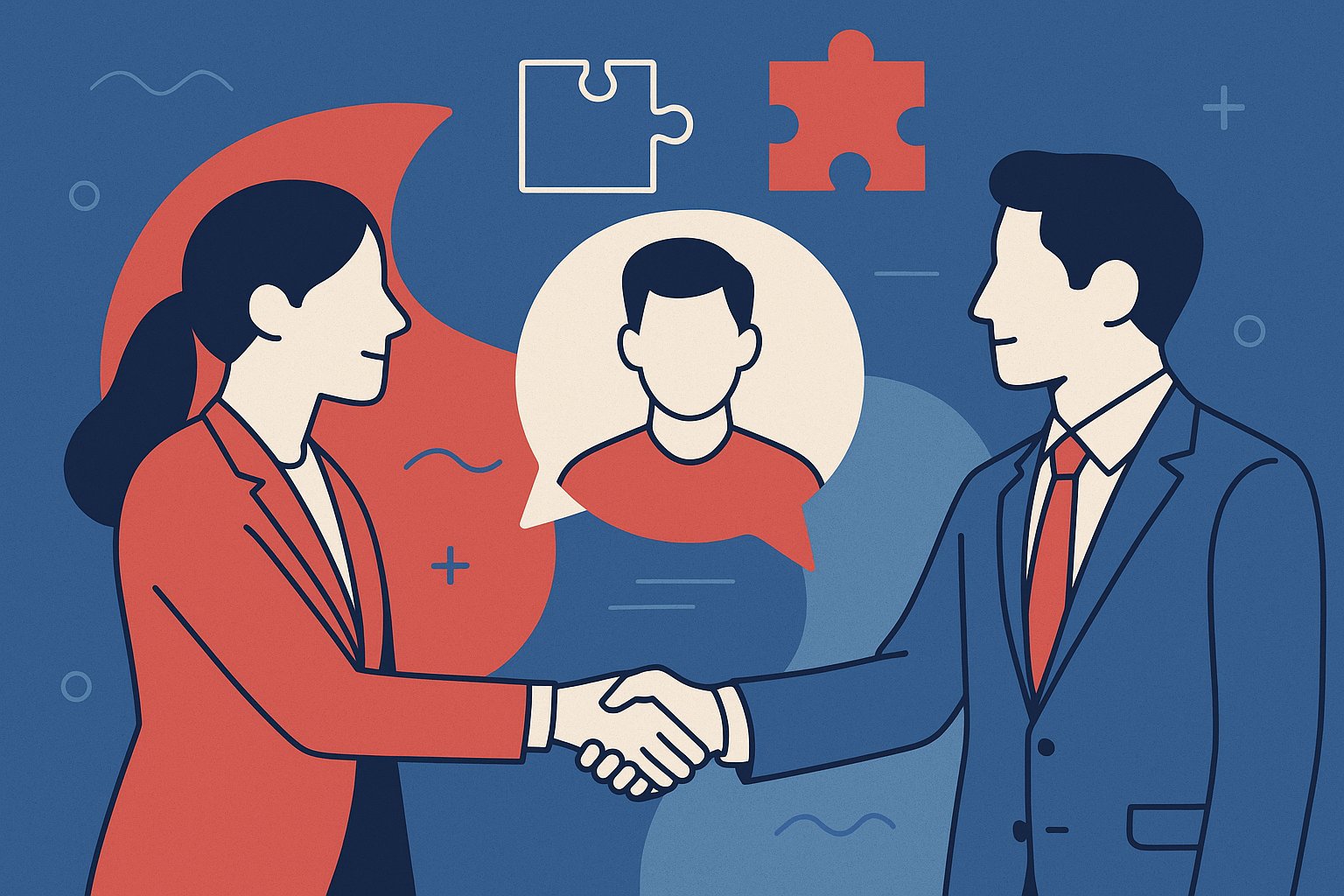 Illustration of two professionals shaking hands, symbolizing collaboration and expert matchmaking.