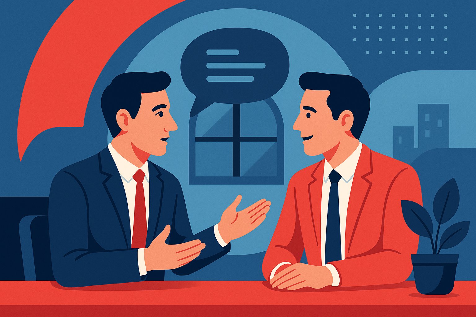 Two professionals in conversation, representing knowledge exchange through expert interviews.