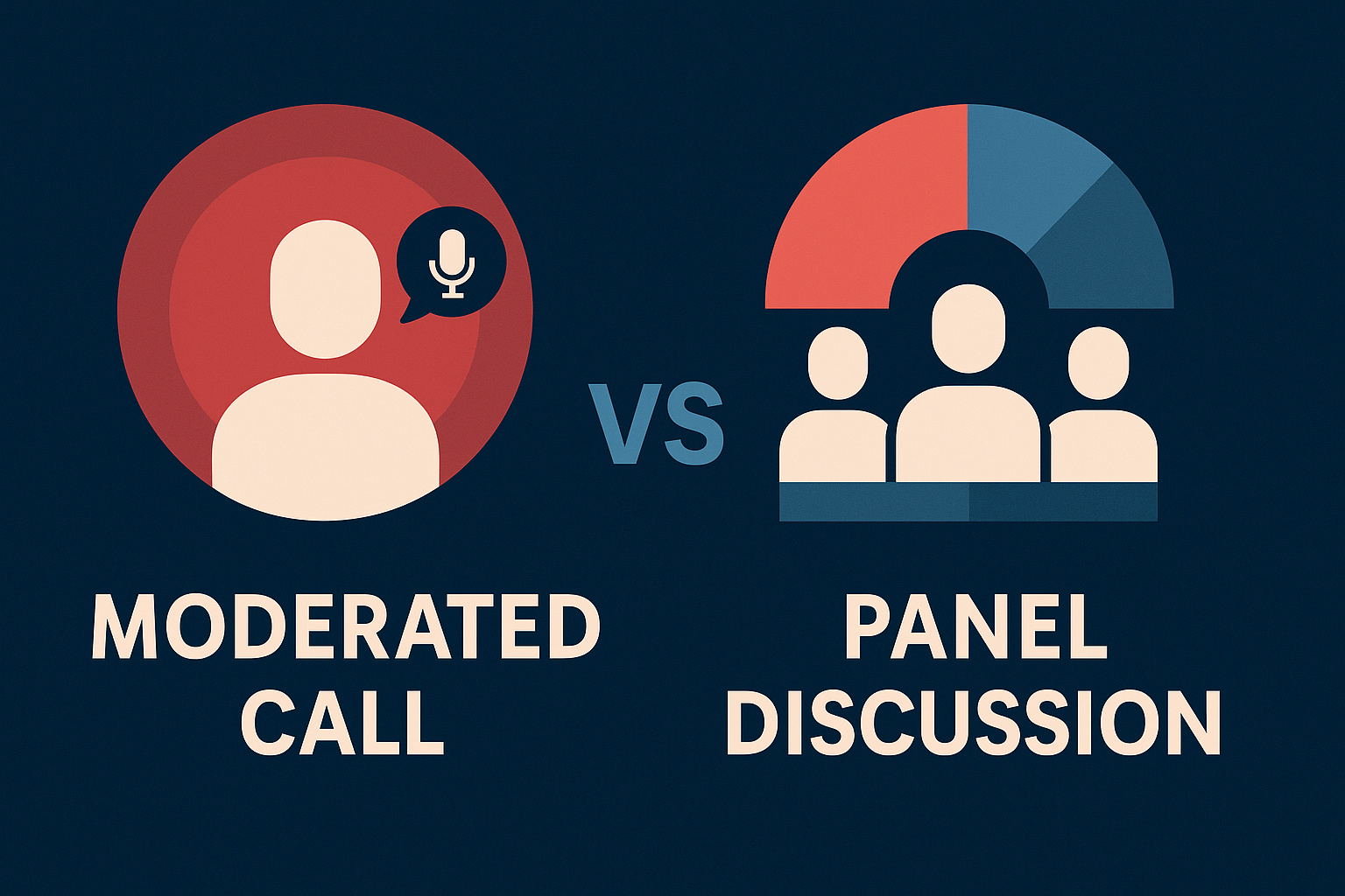 Infographic comparing a one-on-one moderated call vs. a multi-speaker panel discussion using icon visuals