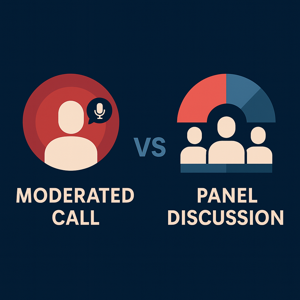 Infographic comparing a one-on-one moderated call vs. a multi-speaker panel discussion using icon visuals.