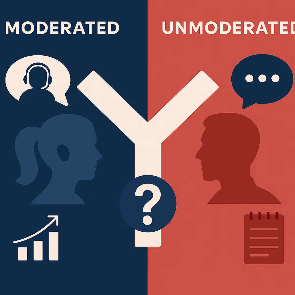 “Comparison graphic showing the difference between moderated and unmoderated research methods, highlighting data quality, depth of insights, and strategic relevance.”