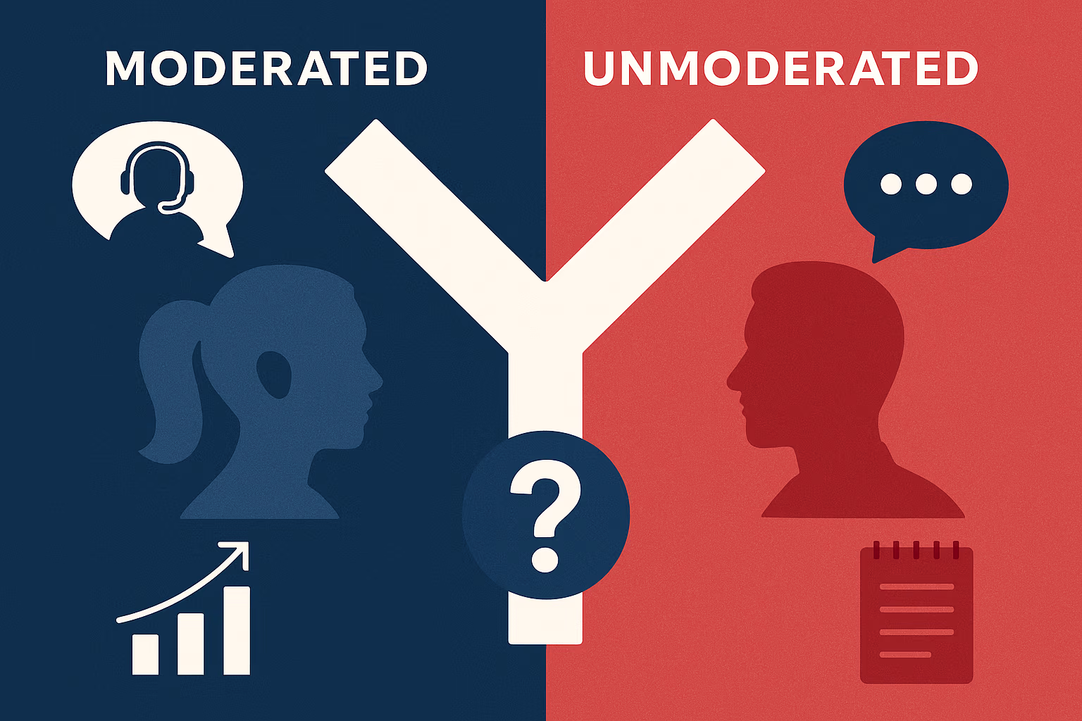 “Comparison graphic showing the difference between moderated and unmoderated research methods, highlighting data quality, depth of insights, and strategic relevance.”