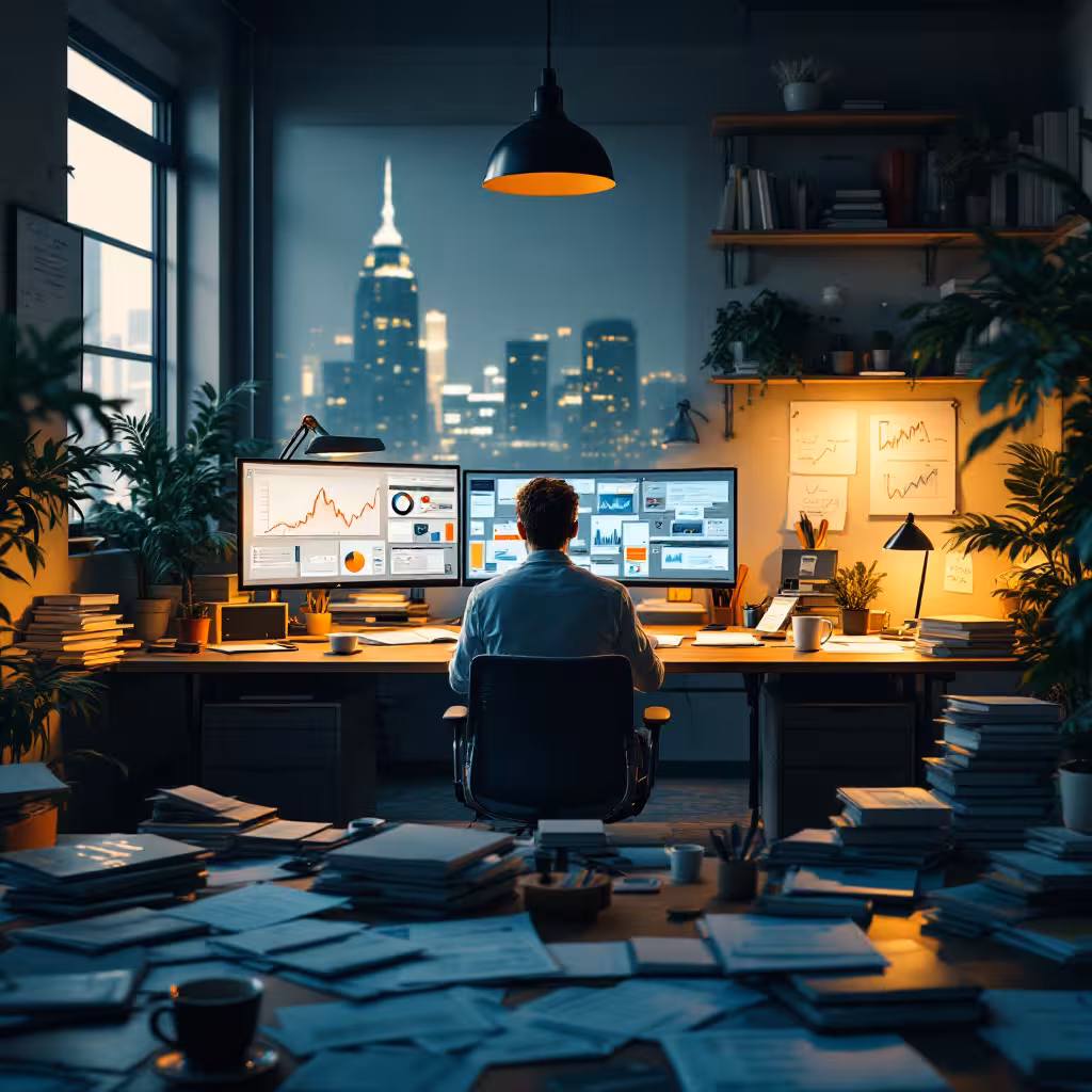"Person working late in an office filled with papers and books, facing multiple computer monitors displaying financial charts and data, with a city skyline visible through the window at night."