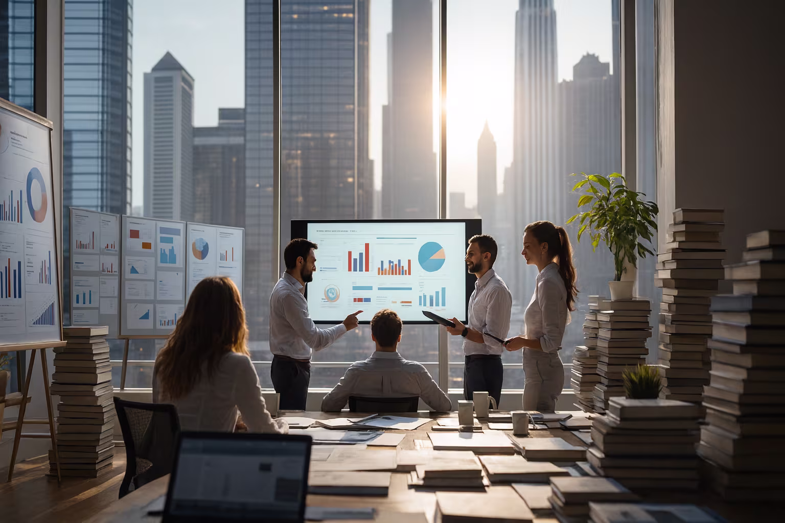 "Business team in a modern office presenting charts and graphs on a large screen during a meeting, with stacks of documents and books on the table and city skyscrapers visible through the windows."