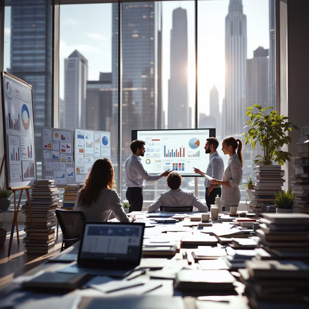 "Business team in a modern office presenting charts and graphs on a large screen during a meeting, with stacks of documents and books on the table and city skyscrapers visible through the windows."