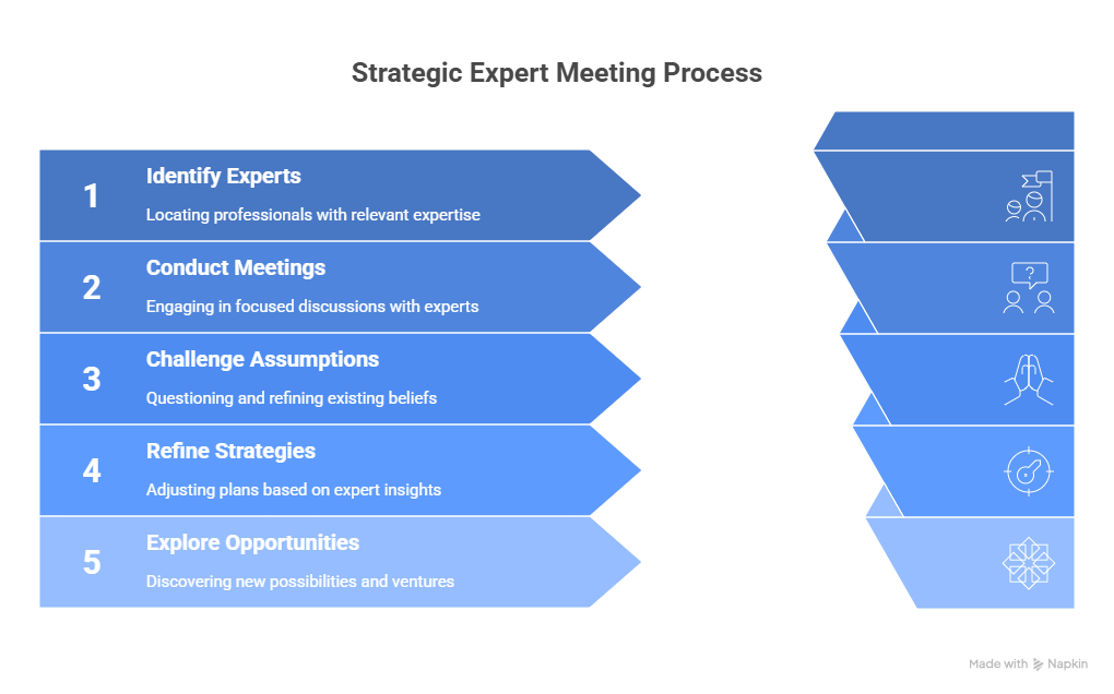 "Flowchart depicting the strategic expert meeting process: Identify Experts, Conduct Meetings, Challenge Assumptions, Refine Strategies, and Explore Opportunities. Each step highlights the importance of expert insights in refining strategies and identifying new opportunities."