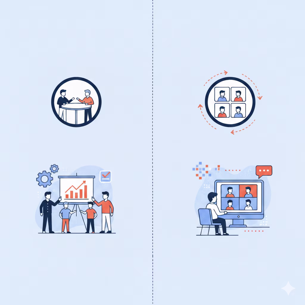 "Infographic comparing in-person and virtual expert meetings titled ‘In-Person vs. Virtual Expert Meetings: What Works Best When’. The visual highlights differences in engagement, flexibility, logistics, and meeting outcomes between the two formats. It use