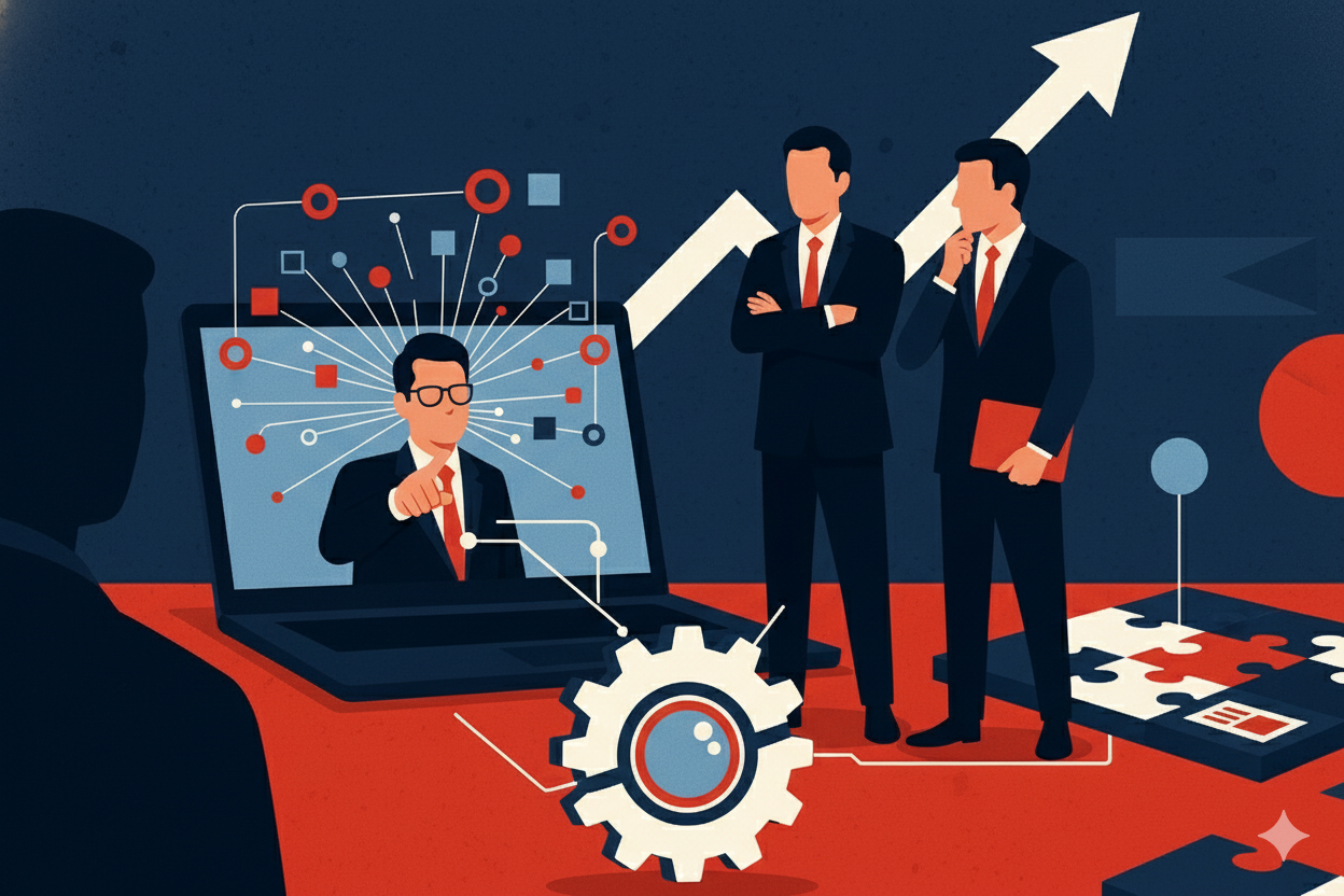 Illustration of business professionals discussing strategy, with one expert appearing on a laptop screen connected by digital network lines, symbolizing knowledge sharing and collaboration. A large gear, puzzle pieces, and upward arrows represent problem-s