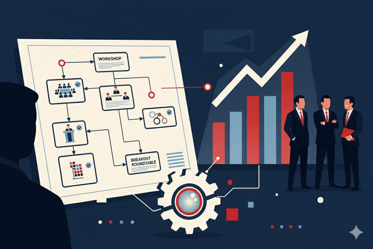 Illustration showing a flowchart for planning high-impact expert meetings, with workshops, breakout roundtables, and a structured sequence of steps. It also includes a graphical representation of business growth through bar charts and gears, symbolizing th