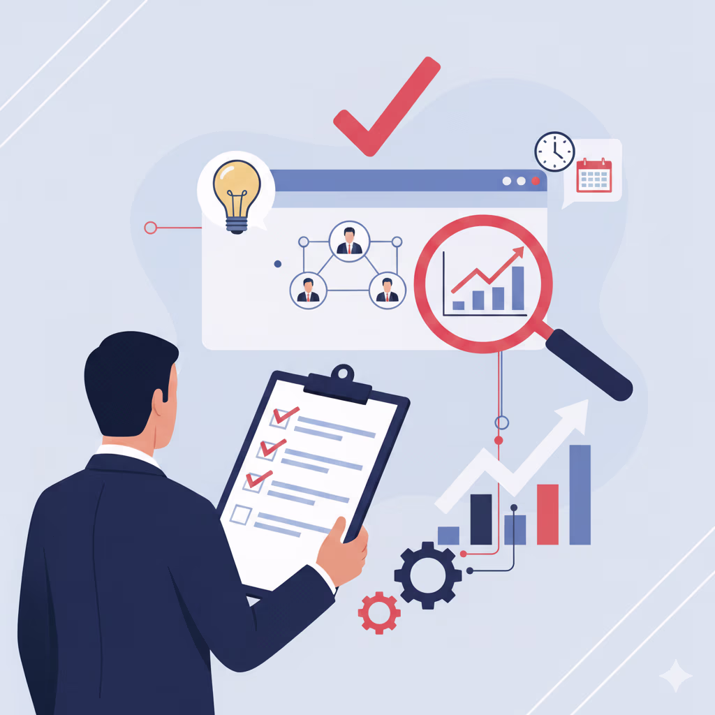 An illustration of a professional reviewing a checklist while analyzing data, with a magnifying glass on a growth graph, connected people, a lightbulb, gears, and time elements, symbolizing the evaluation of key metrics in a high-value expert meeting.