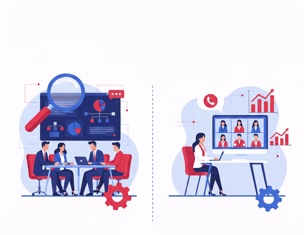 An illustration showing two scenarios: on the left, a group of professionals working together around a table, analyzing data with charts and graphs on a screen, symbolizing in-person collaboration. On the right, a professional conducts a virtual meeting wi