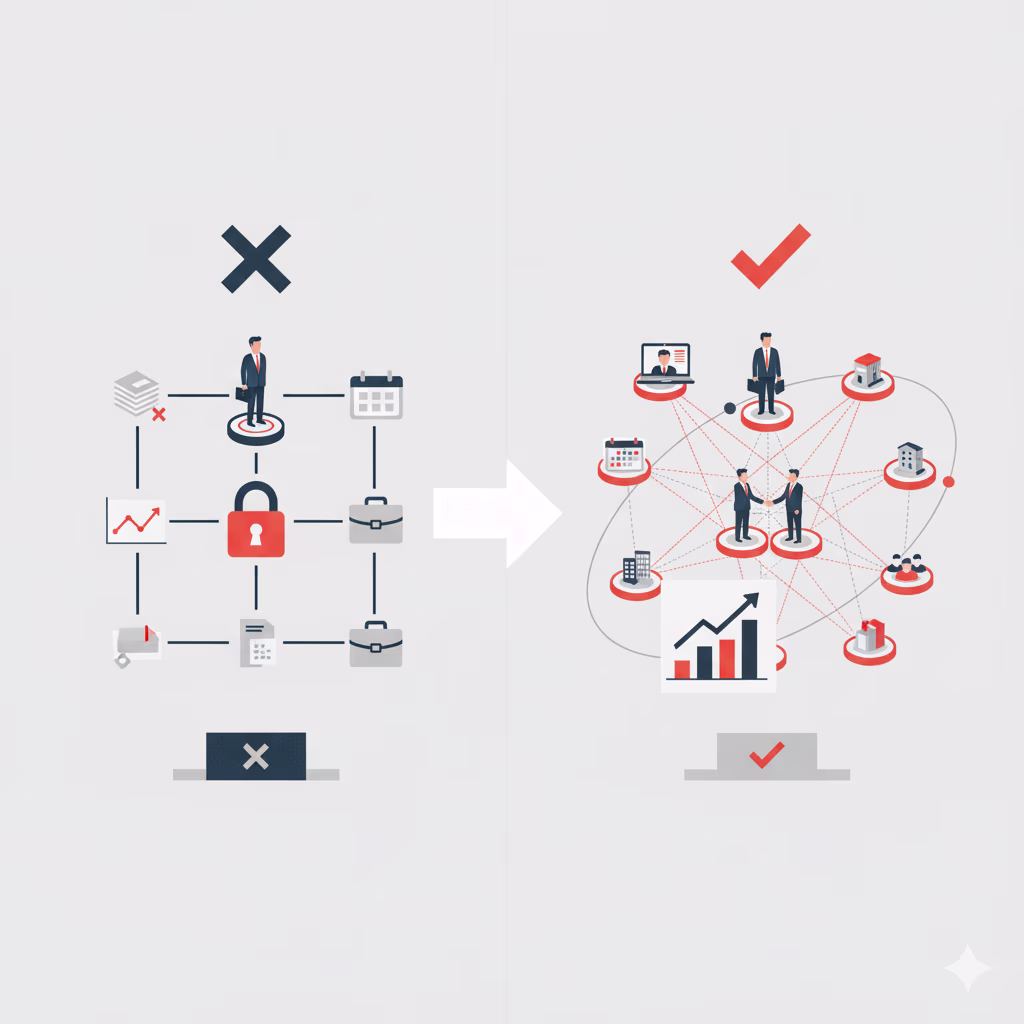 Illustration comparing two network structures: on the left, a disconnected system with a locked central figure and isolated business icons, symbolizing poor collaboration. On the right, an interconnected network of professionals and organizations with grow