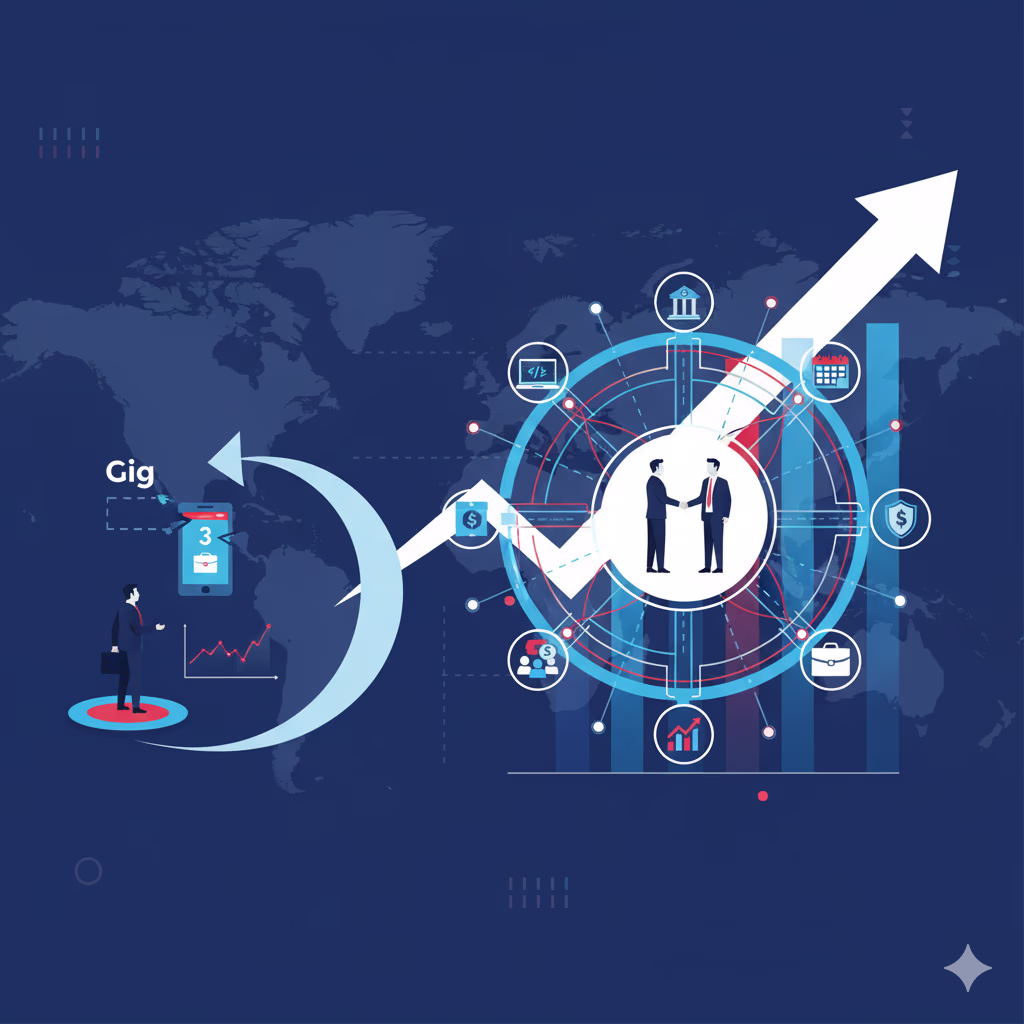 Illustration showing the transition from gig work to strategic independent consulting. On the left, a professional in the gig economy stands next to an arrow and data graph. On the right, a handshake symbolizes the shift to long-term partnerships, supporte