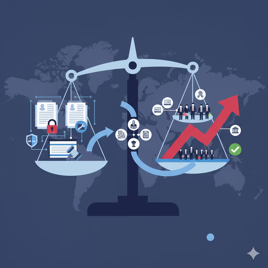 Illustration of a balance scale comparing two sides: on the left, legal documents, a gavel, and a lock representing regulations and compliance; on the right, professionals and a rising red arrow symbolizing growth and successful workforce management. The v