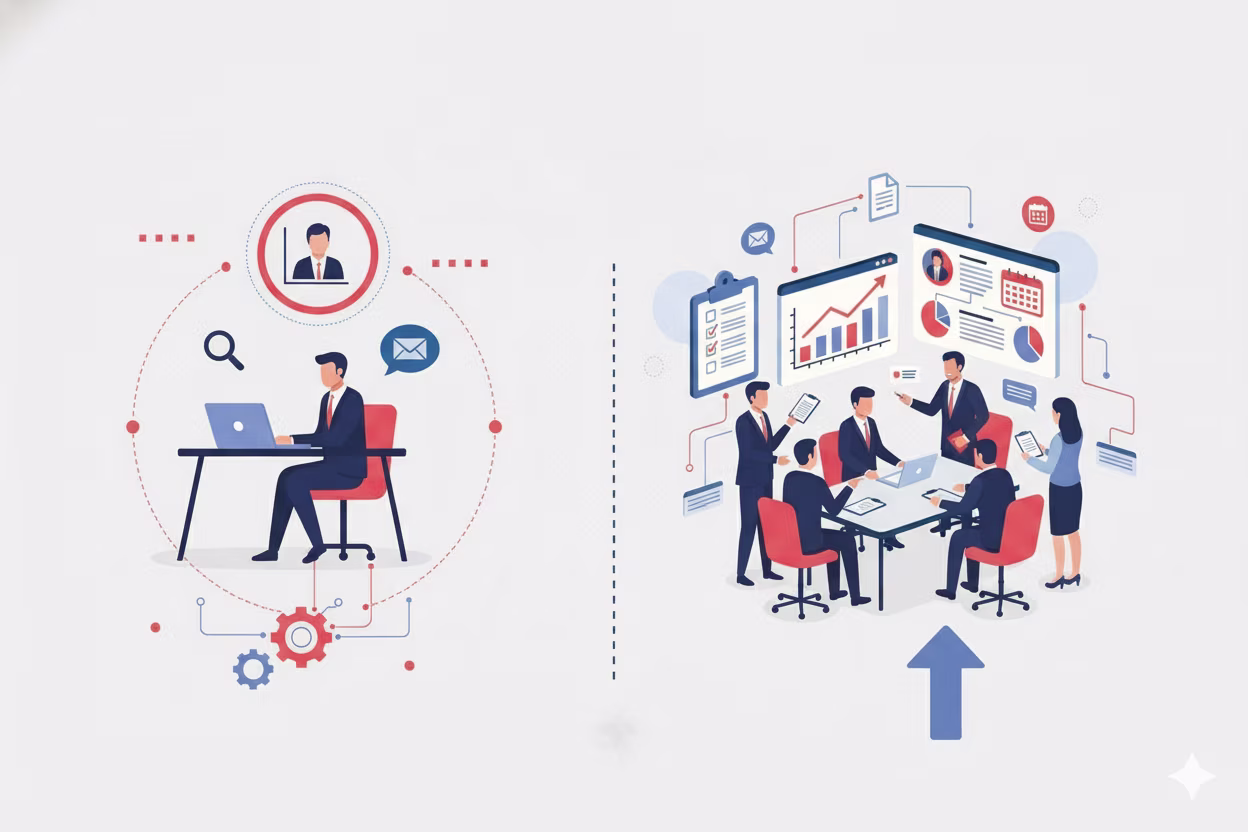 Illustration comparing two work models: on the left, an individual consultant working remotely on a laptop, symbolizing focused, independent expertise; on the right, a team collaborating around a table with charts, graphs, and data screens, representing a 
