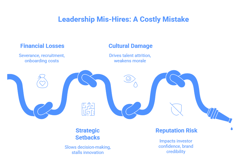 Infographic titled “Leadership Mis-Hires: A Costly Mistake,” showing a tangled hose representing the negative effects of poor leadership hiring. It highlights four key consequences: financial losses, strategic setbacks, cultural damage, and reputation risk illustrating how mis-hires drain resources, slow progress, hurt morale, and damage brand credibility.