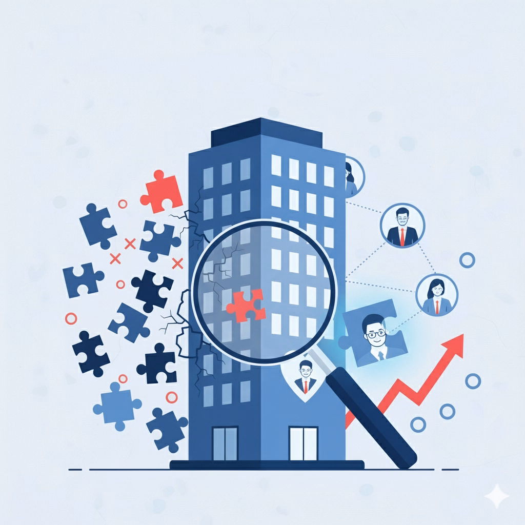 Illustration of a building losing puzzle pieces on one side while a magnifying glass highlights the missing piece, symbolizing the impact of poor hiring and the need for the right talent to drive organizational growth.
