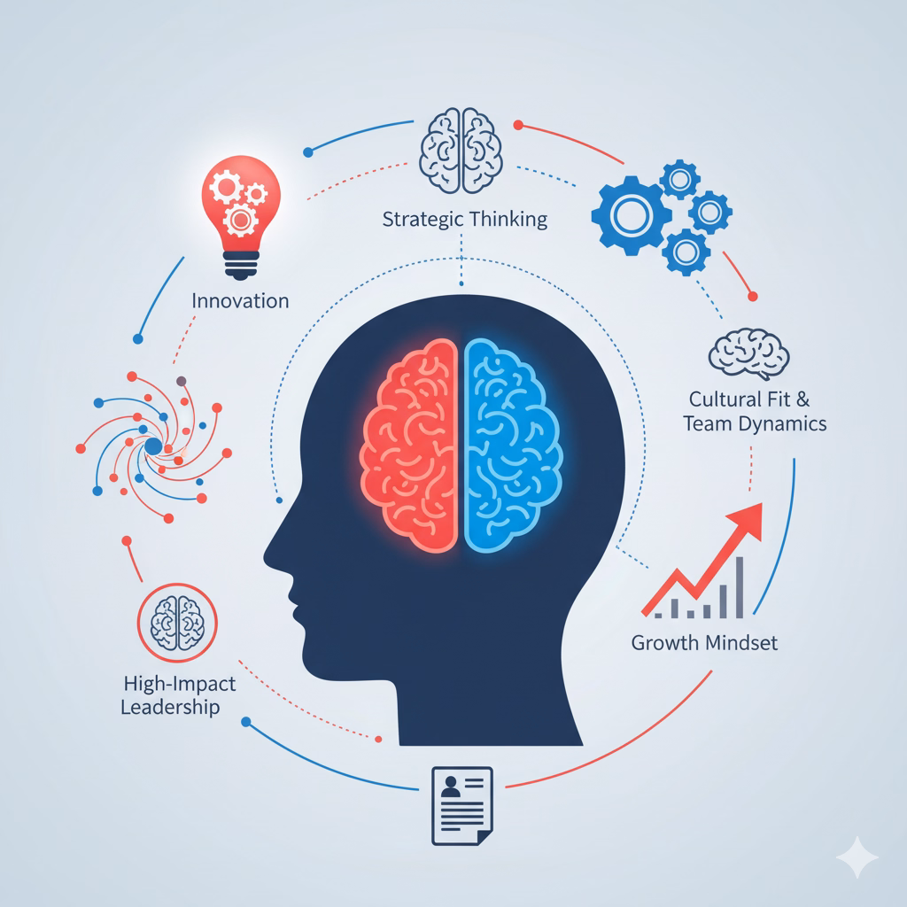 Illustration of a human head with highlighted brain halves surrounded by icons representing key leadership qualities, including strategic thinking, innovation, cultural fit, high-impact leadership, and a growth mindset.
